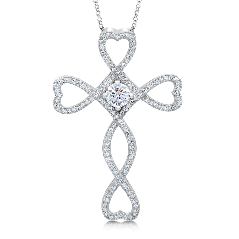 Cross Heart with Signaty Simulated Diamonds Micro Pave on .925 Sterling Silver