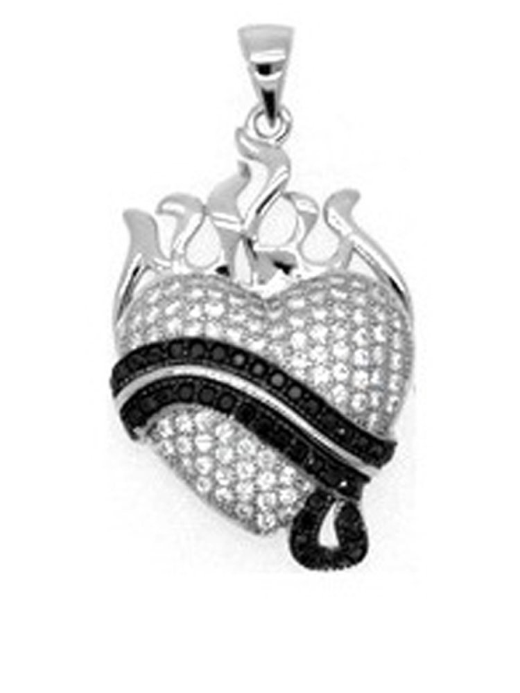 Heart Pendant with Black stones and Signaty Simulated Diamonds on .925 Sterling Silver