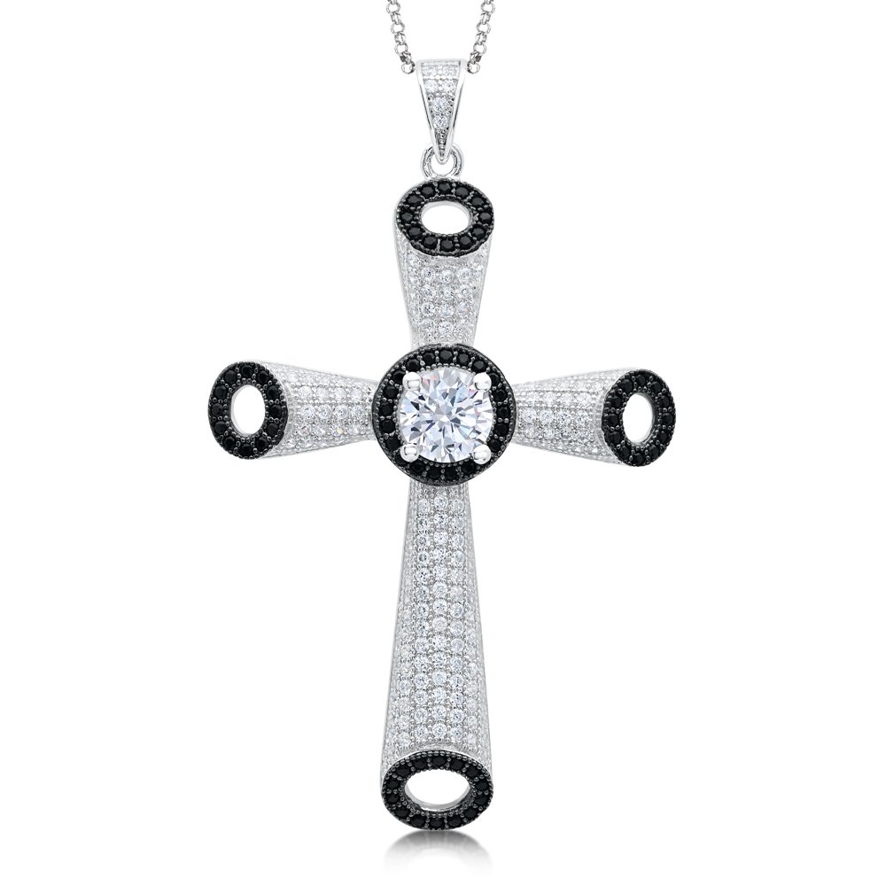 Two Tone Cross with Signaty Simulated Diamonds on .925 Sterling Silver