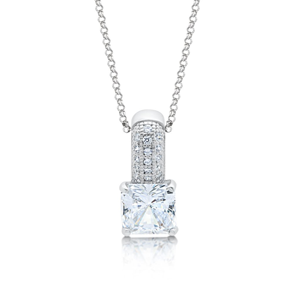 Princess Cut Signaty Diamond Pendant Micro Pave .925 Sterling Silver