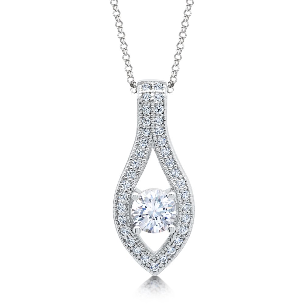 Drop Center Micro Pave Round Stone Pendant with Signaty Diamonds on .925 Sterling Silver