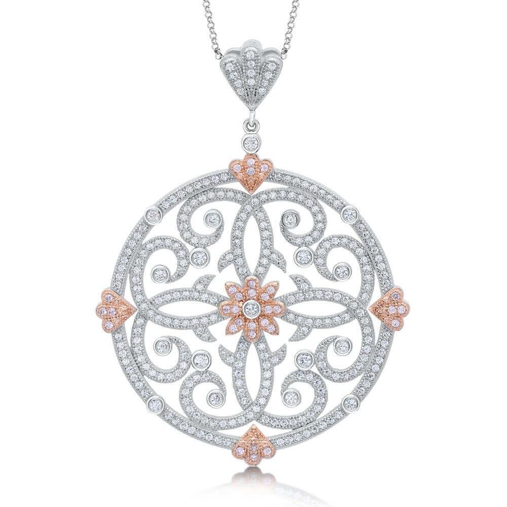 Large Round Design Pendant with 18k Rose Gold Plate Accent Signaty Diamonds on .925 Sterling Silver