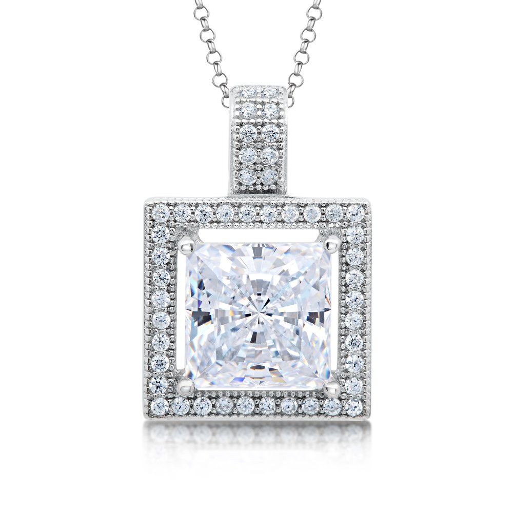Princess Cut Signaty Diamond Pendant Micro Pave .925 Sterling Silver