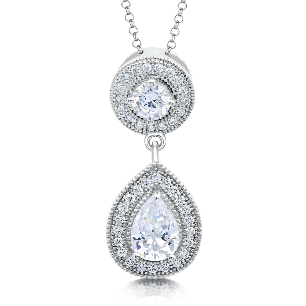 Pear & Round Signaty Diamond Drop Pendant Micro Pave .925 Sterling Silver .925