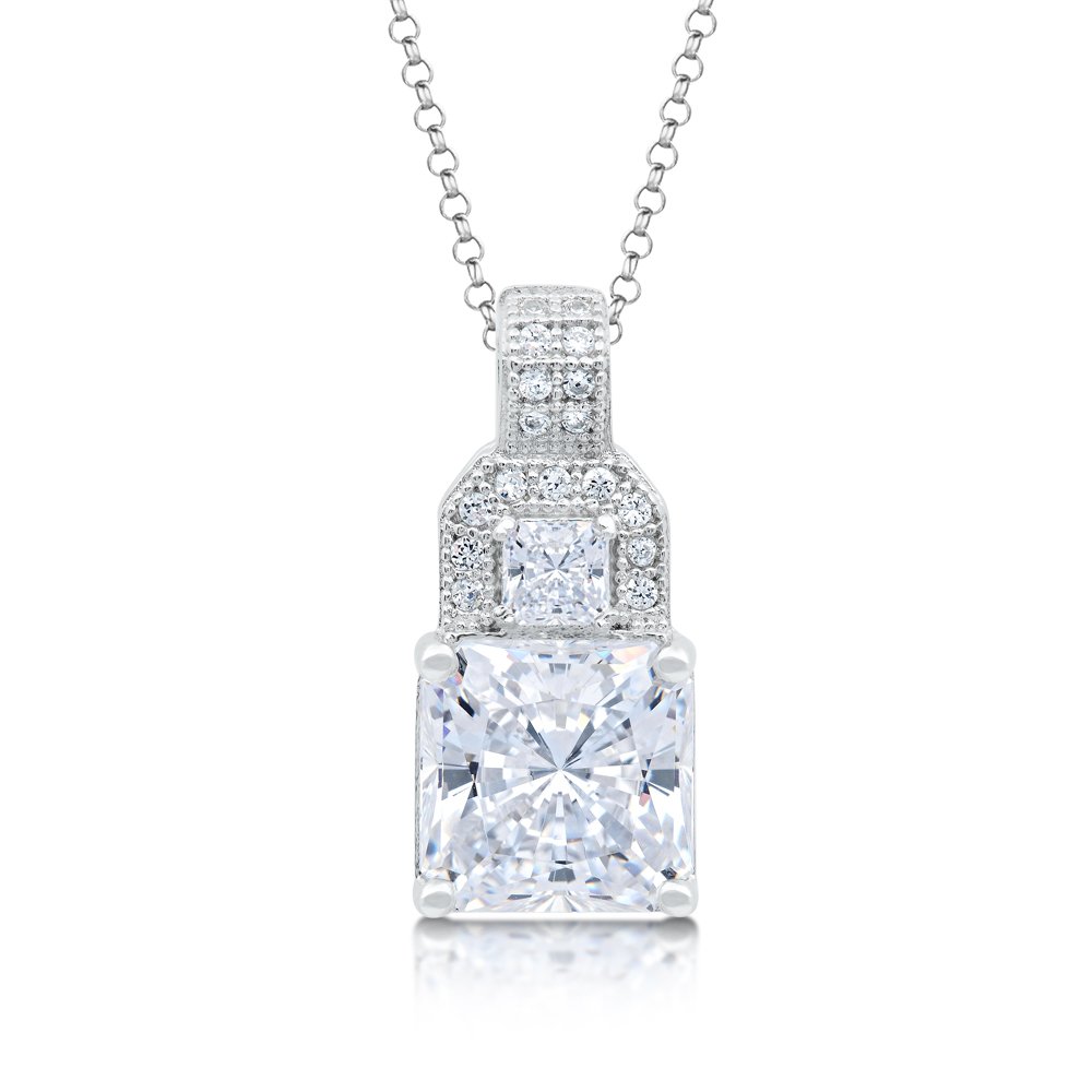 Micro Pave Princess Cut Signaty Diamond Pendant .925 Sterling Silver