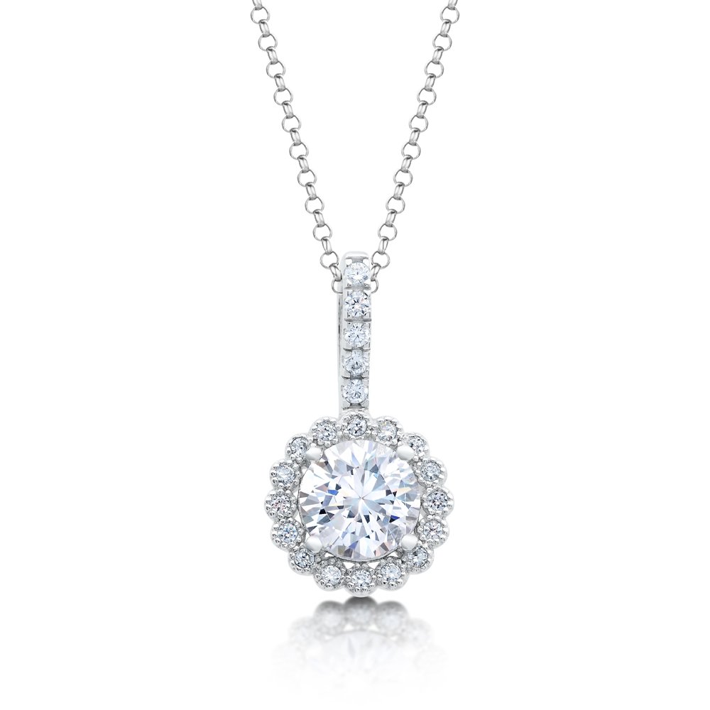 .925 Sterling Silver Round Signaty Diamond Pendant Micro Pave