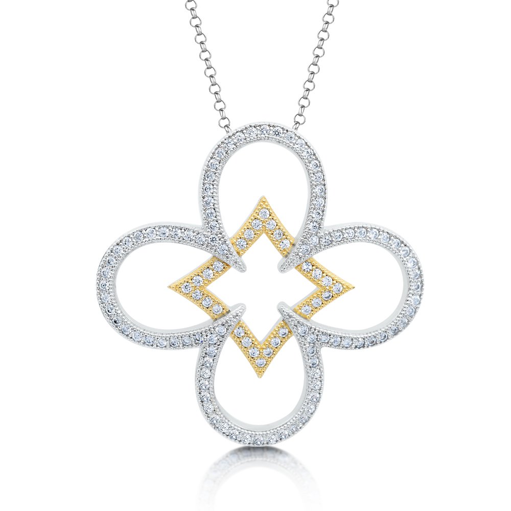 Cross Inspired Pendant with Signaty Diamonds and 18k Gold Plate on .925 Sterling Silver