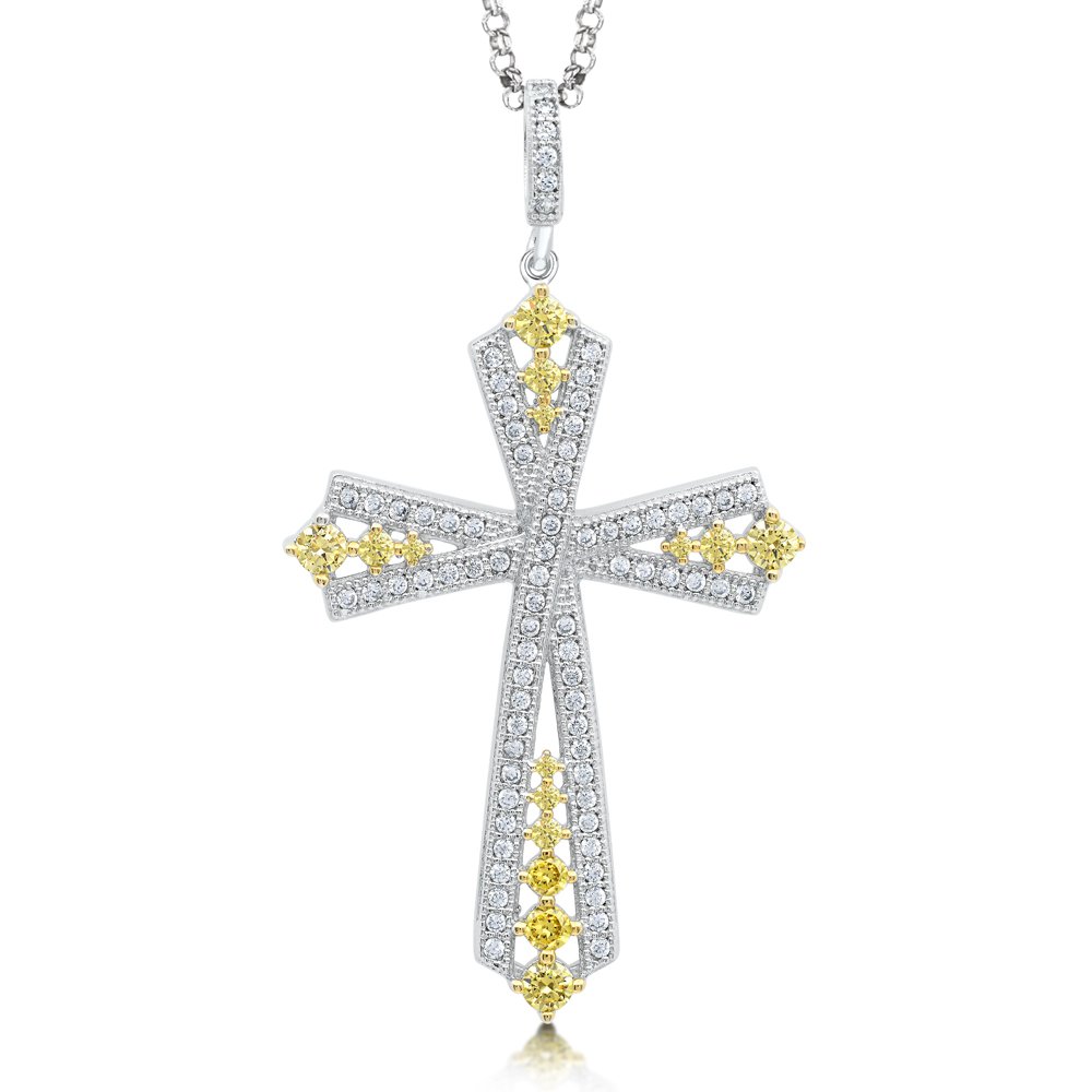 Signaty Diamond Cross Pendant .925 Sterling Silver with Canary Yellow Corundum Based Stone