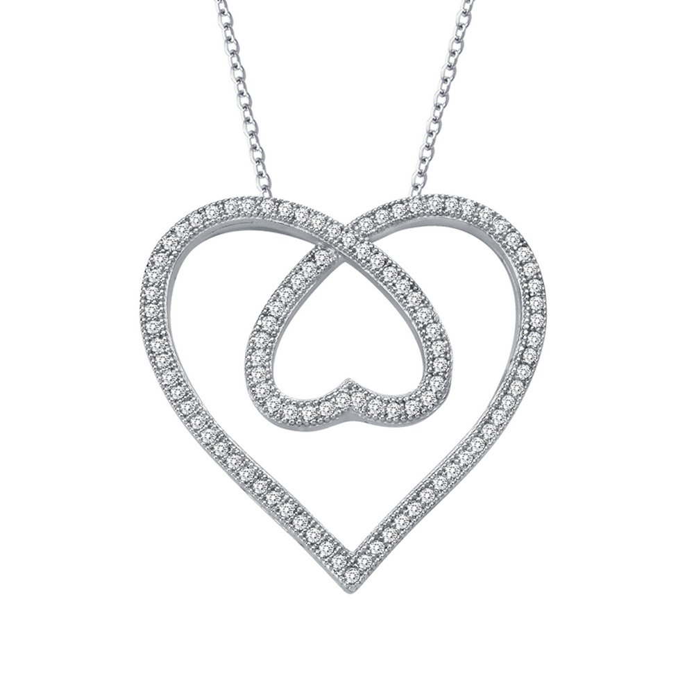 Sterling Silver Inside Out Double Heart Pendant .925 Signaty Diamonds
