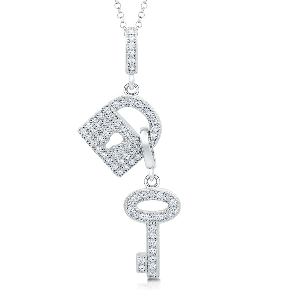 Lock & Key Micro Pave Pendant Sterling Silver .925 Signaty Diamonds