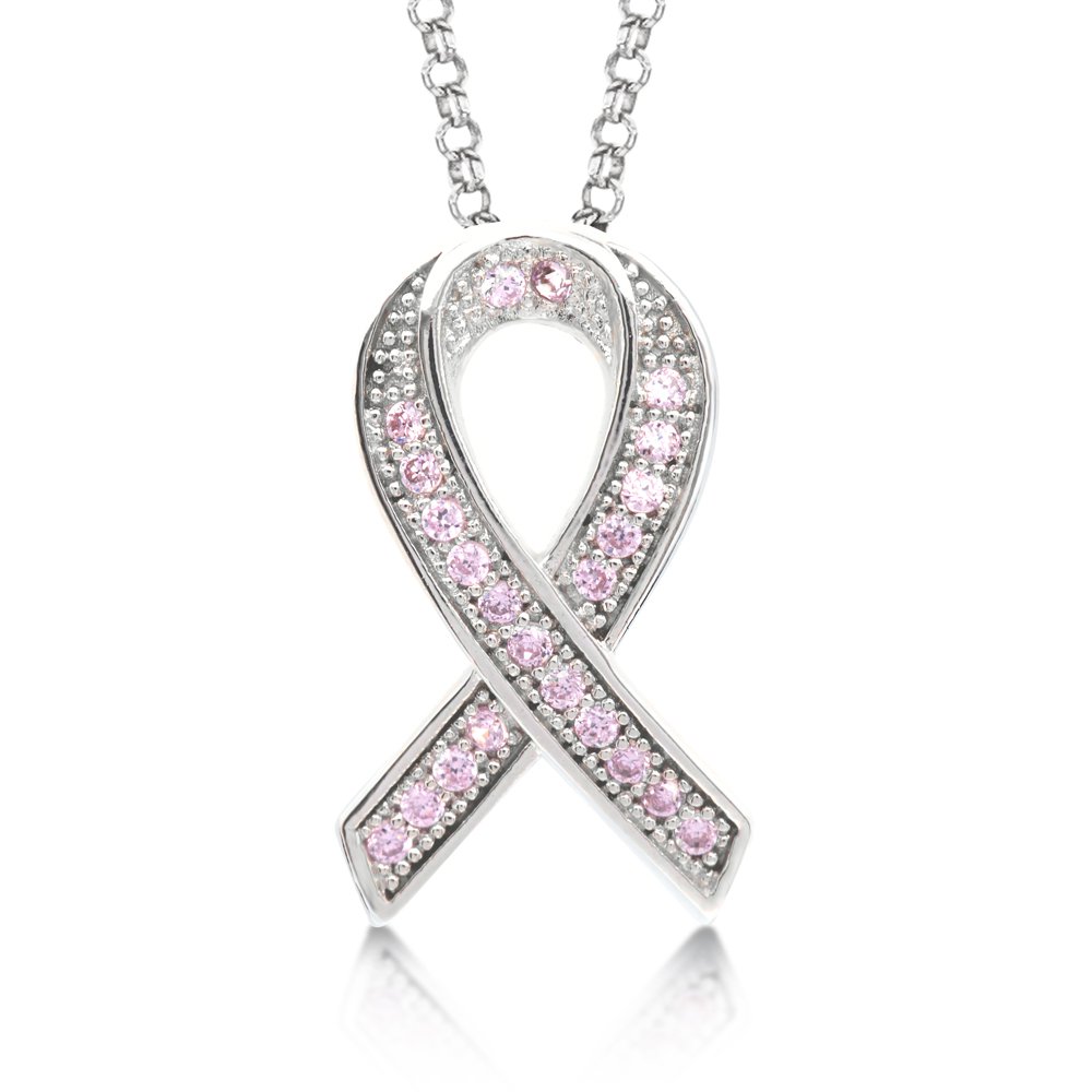 Breast Cancer Awareness Pendant on .925 Sterling Silver with Pink Corundum Based Stones