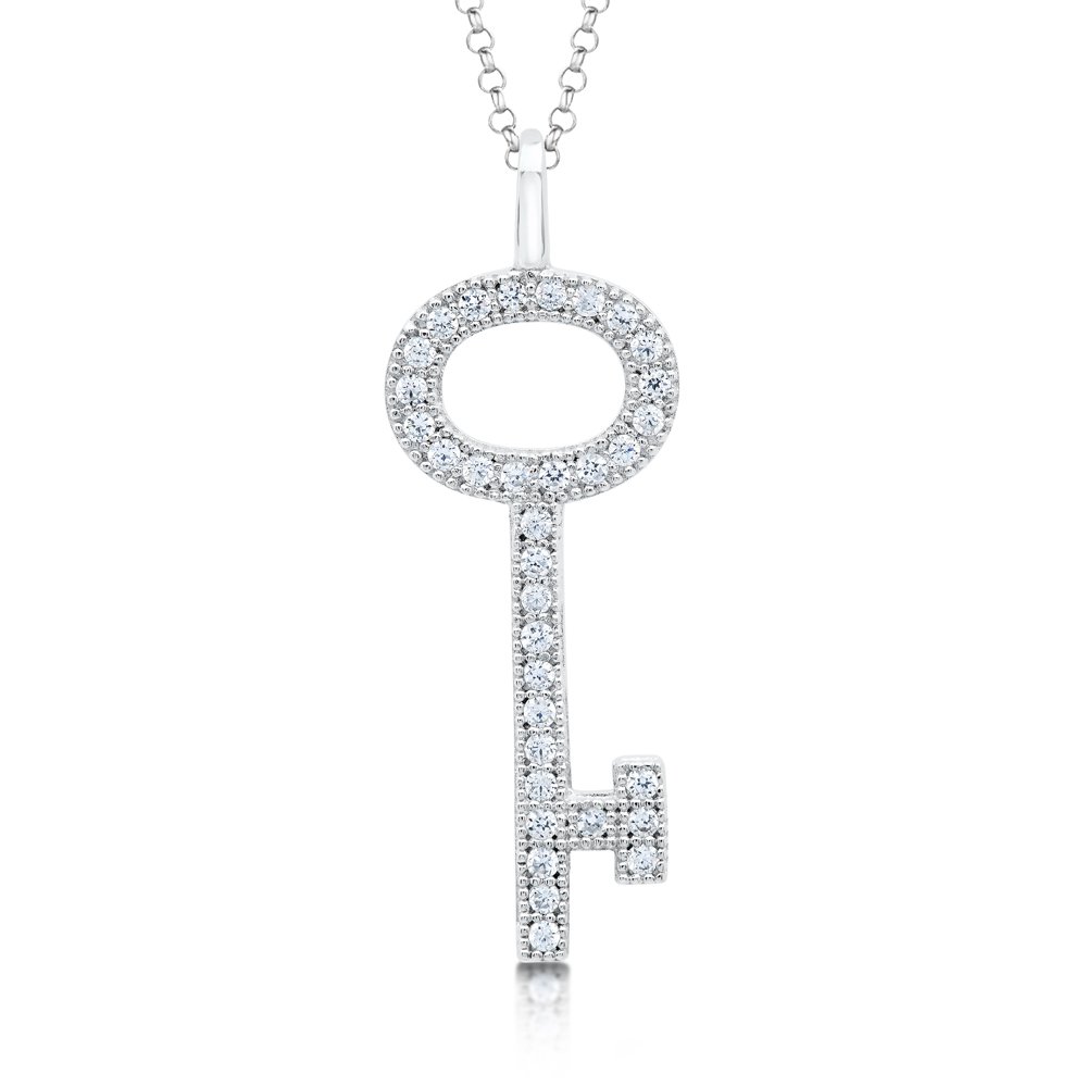 .925 Sterling Silver Key Pendant Signaty Diamonds