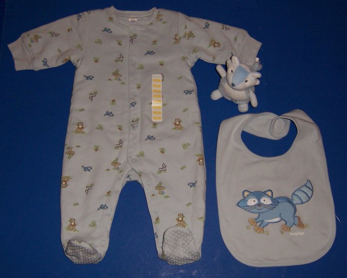 Baby Gap Warm Footie Sleeper Newborn, Matching Bib and Racoon Rattle