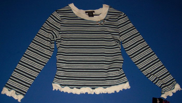 Great Escape Blue and Silver Striped Long-Sleeved Top Girls Size M 10 12