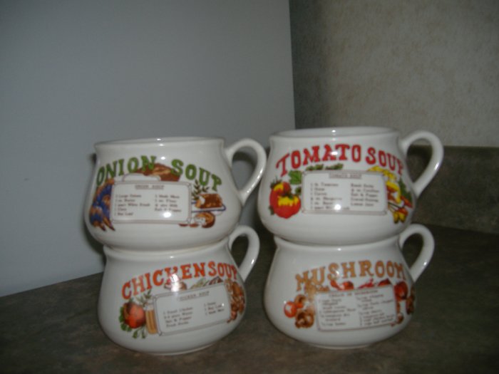4 Pc Soup Bowls Cups W/Recipes