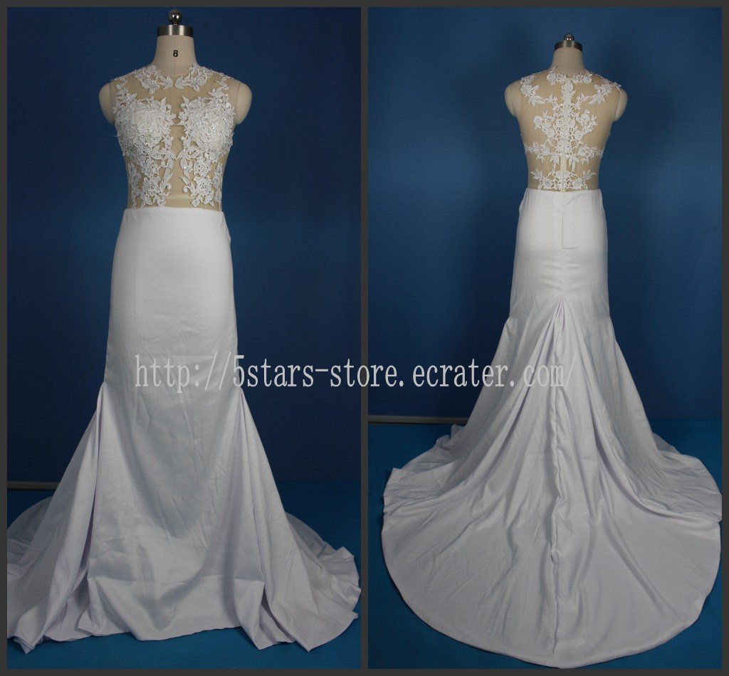 Sheer Bodice Bridal Gown Beading Lace Satin Luxury Mermaid Wedding Dresses Bl154