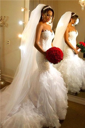 Sweetheart Mermaid Wedding Dresses Ruffled Tulle Appliques Lace Wedding Gowns D2015925