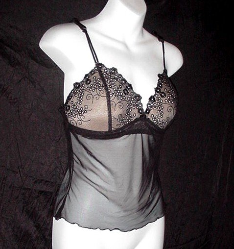 Ultra Sexy! Black Lacy Sheer Mesh Bra Top Size M MEDIUM! Flirty Vampy cami ! ;)
