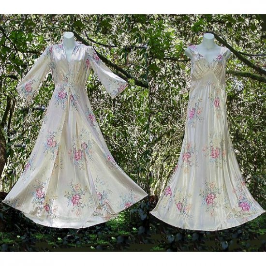 MUSEUM QUALITY VINTAGE 1930s RAYON Nightgown n Peignoir Set RARE FLORAL SATIN Long FLOOR LENGTH S/M!