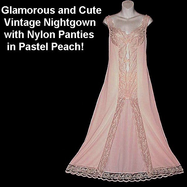 Adorable Vintage Nightgown Panties Set Floor Length Pastel Peach Nylon Sweet Sexy Sweep 32/34-S/M!
