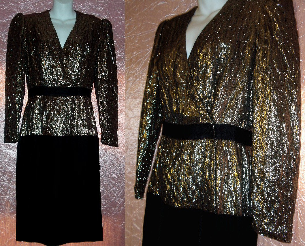 CLASSY Elegant COCKTAIL PARTY Dress METALLIC GOLD and BLACK VELVET Designer HALSTON Sexy Sz 8 M!
