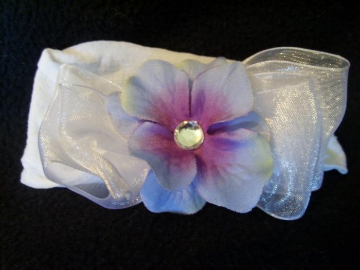 Periwinkle flower, white bow, white band