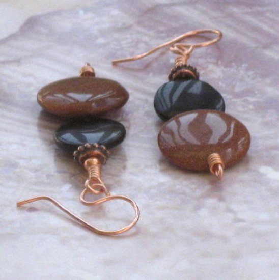Brown Goldstone And Black Onyx Lentil Earrings