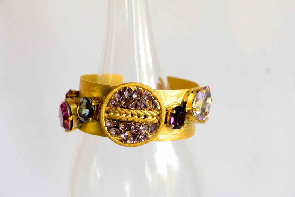 Gold Bracelet With Fuchsia Crystals - Antique Crystals -