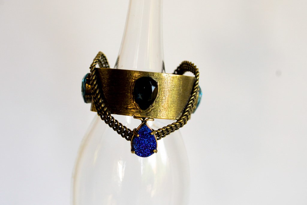 Unique Brass Bracelet With Druzi Stone - Blue Crystals Bracelet -
