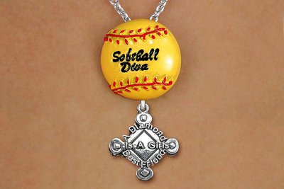 SWW19923N - "SOFTBALL DIVA" NECKLACE WITH SILVER TONE "A DIAMOND IS A GIRLS BEST FRIEND" CHARM