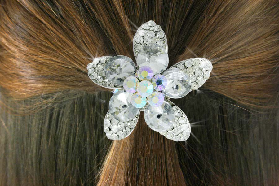 SWW18486HJ - CLEAR AND AURORA BOREALIS GENUINE AUSTRIAN CRYSTAL FLOWER PONYTAIL HOLDER