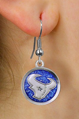 SWW21046E - HOUSTON TEXANS NFL TEAM SILVER TONE "TORO" BLUE SPARKLE EARRINGS