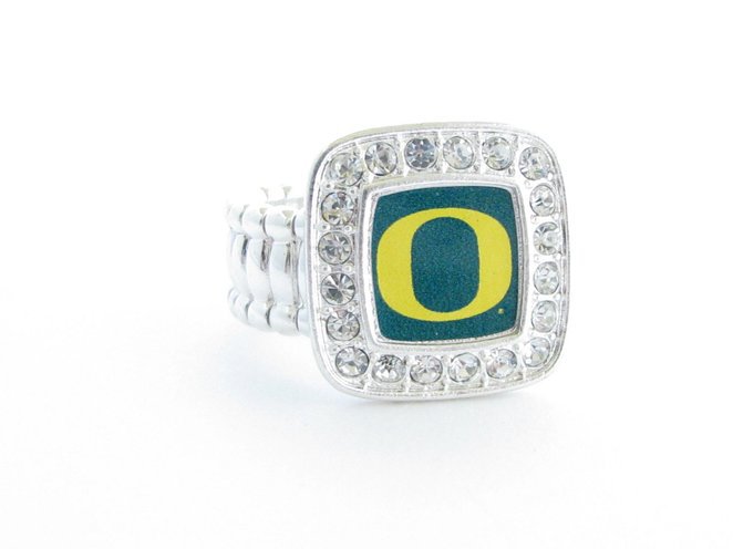 Officially Licensed University of Oregon Ducks Silvertone Crystal Studded Stretch Ring - SWAZC