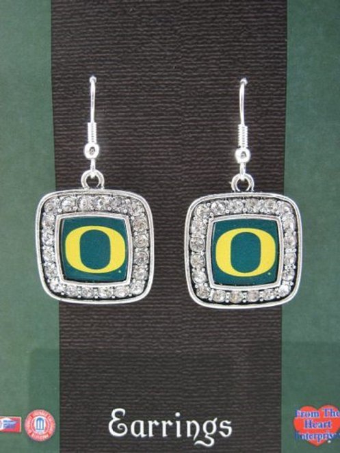 Officially Licensed University of Oregon Ducks Silvertone Square Crystal Studded Earrings - SWAZC