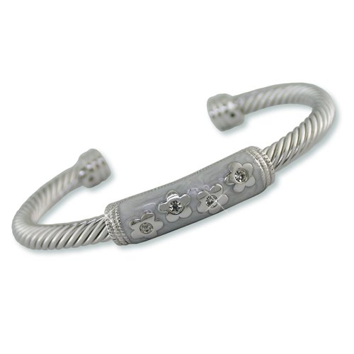 White Enamel Flower Cubic Zirconia Bangle