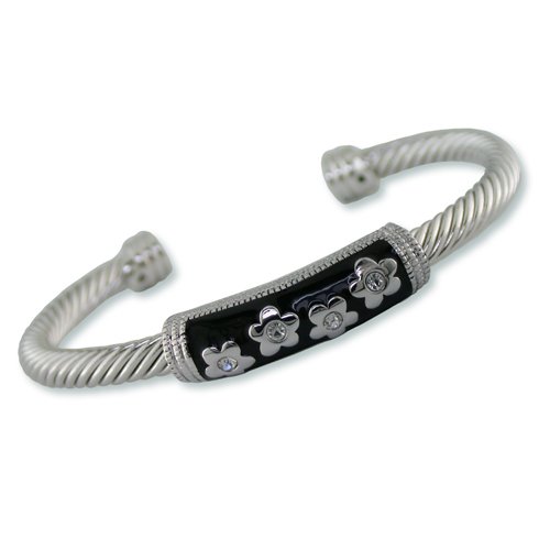 Black Enamel Flower Cubic Zirconia Bangle