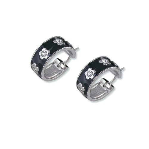 Black Enamel Flower Cubic Zirconia Earrings