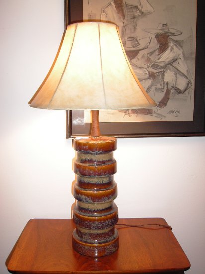 A 1960's Walnut fixture and ceramic table lamp