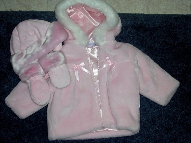 Little Me pink fur coat, hat, mittens NWOT 12 months