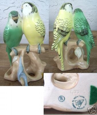 Rare Royal Dux yellow & green Parakeets Birds