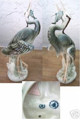 Royal Dux Large Green White Egret with fish in mouth