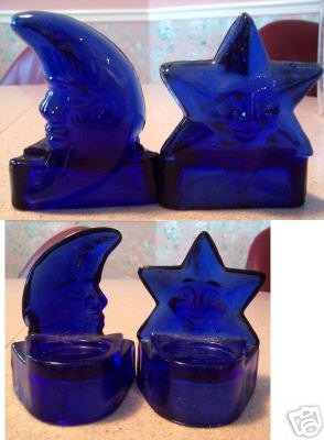Blue Star and Blue Moon glass tea light candle holders
