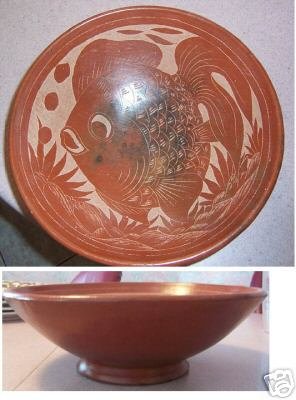 Brown Ceramic Bowl with Fish Design