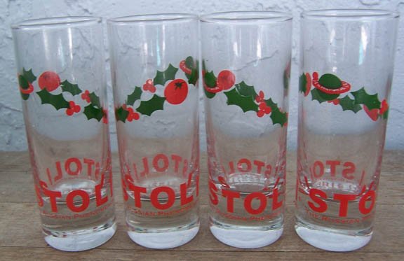 Set of 4 tall Stoli holiday shot glasses
