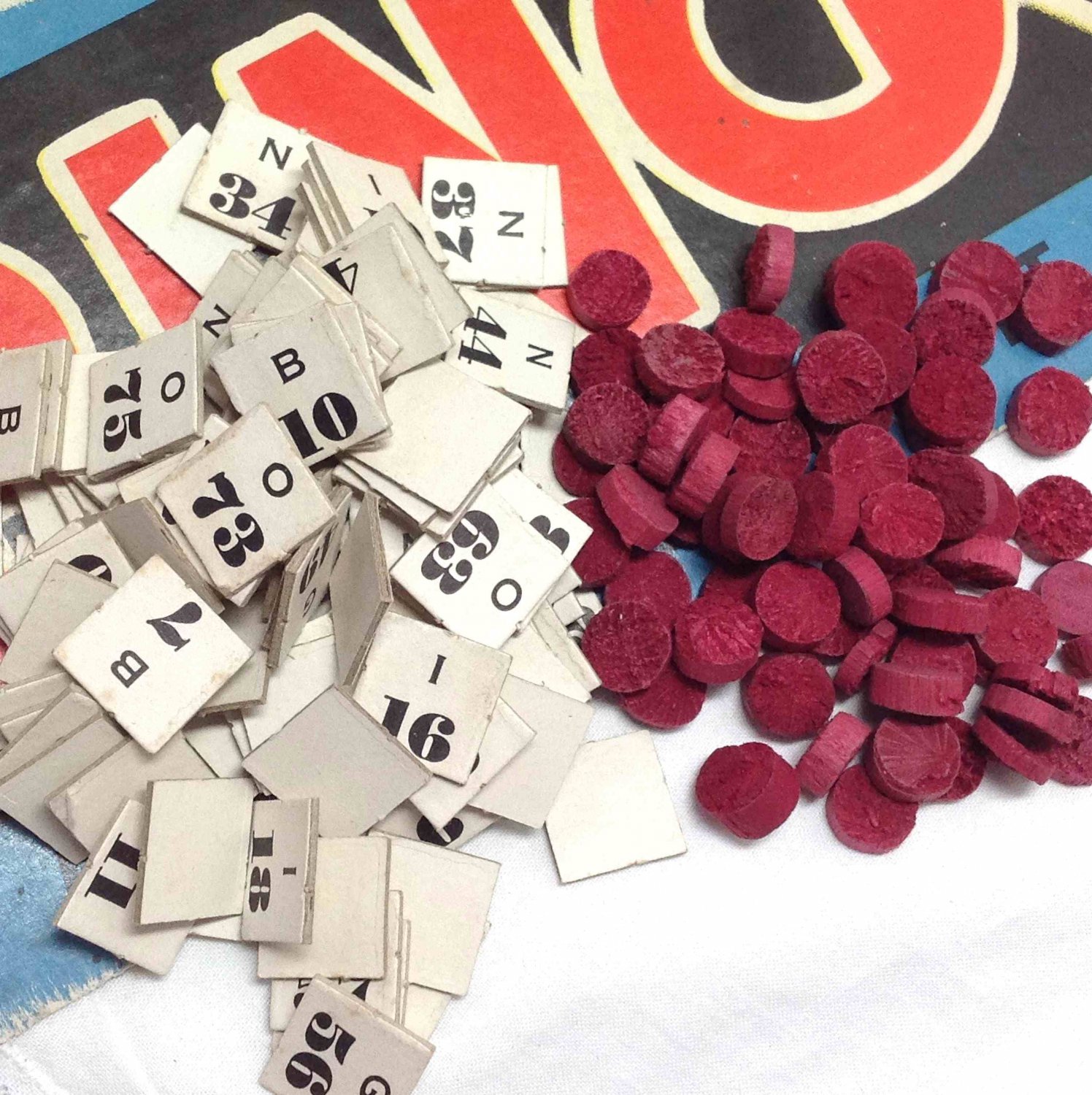 Vintage Bingo Game Pieces Wood and Cardboard Lot of 60 for Scrapbooking or Crafts