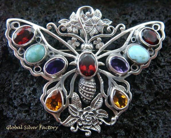 925 Silver & Multi Gems Butterfly Brooch Pendant BC-157-KT