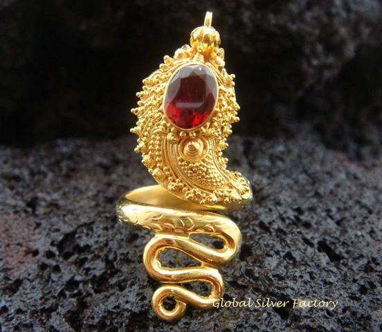 925 Silver & 22kt GP Garnet Snake Ring GPR-116-NY