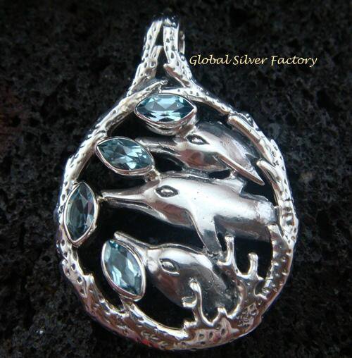 925 Silver Three Dolphins & Blue Topaz Pendant SP-415-KT