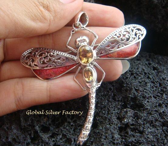 925 Silver Coral & Citrine Dragonfly Brooch Pendant BC-147-KT