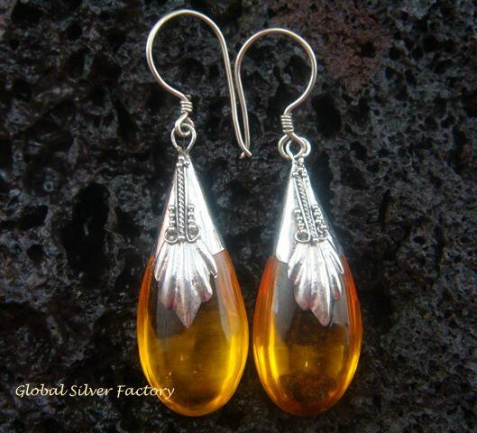 925 Silver Synthetic Amber Teardrop Earrings SJ-104-KT